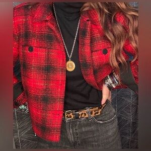 J. Jill Red and Black Plaid Utility Jacket/Barn Coat/Blazer